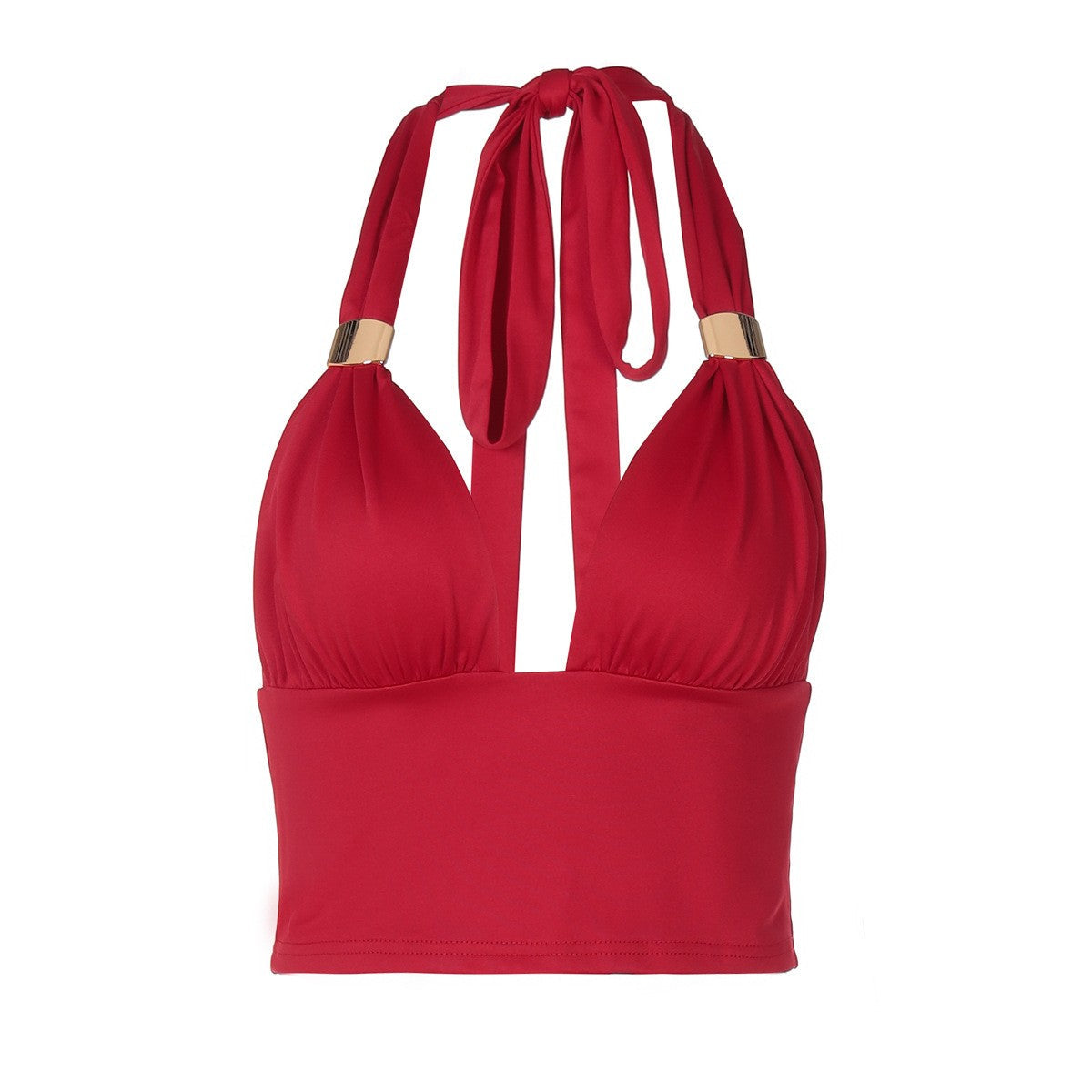 Malira Deep V Halter Backless Tube Top with Metal Detail