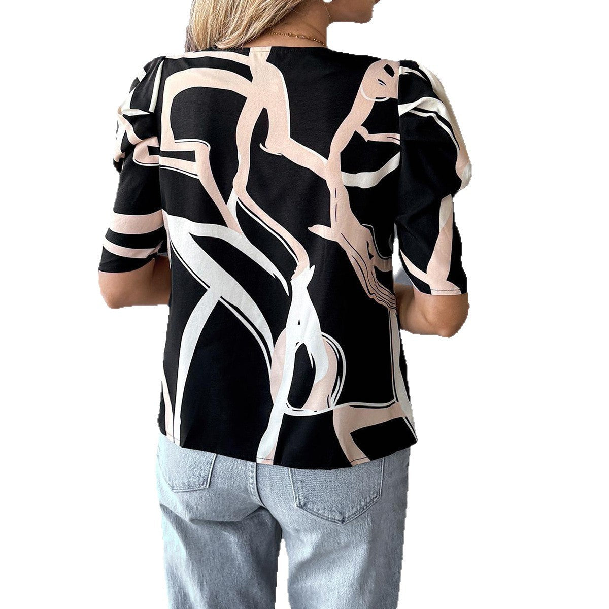 Olyara Printed Lantern Sleeve Woven Short Sleeve Blouse