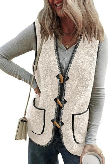Presira Plush Contrast Color Sleeveless Cardigan Vest with Pockets