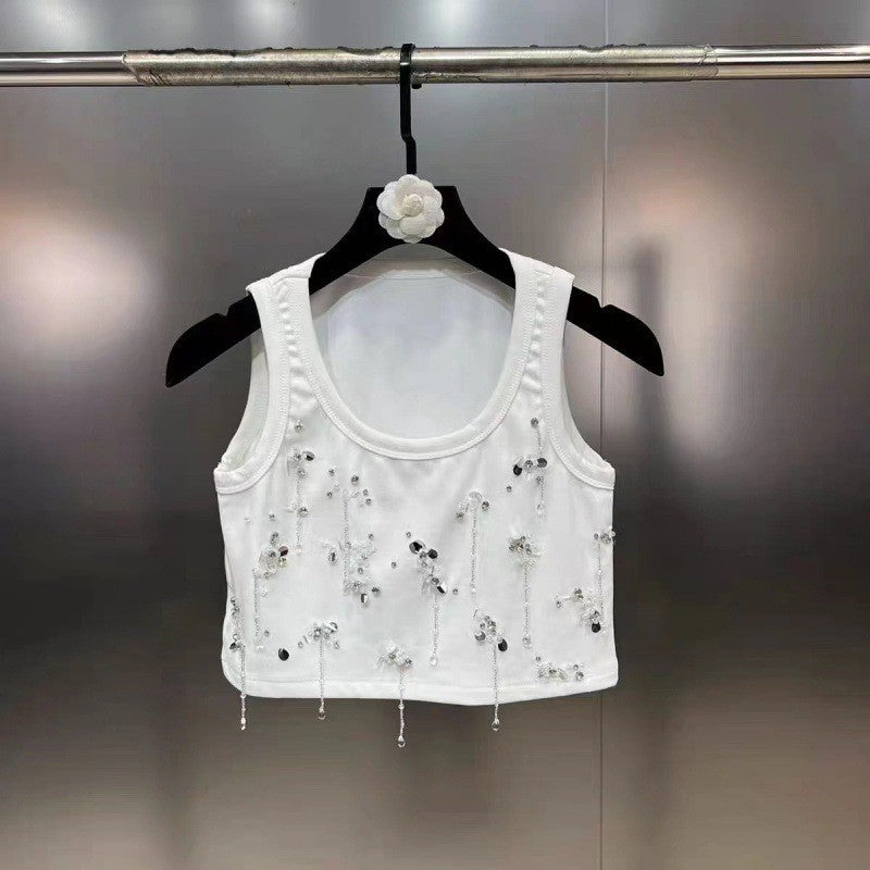 Seraphira Beaded Sleeveless Cotton Vest with Sequin Detail