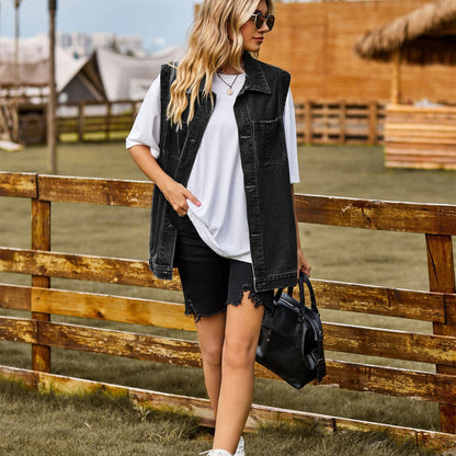 Brelyra Button-Up Denim Vest with Pockets