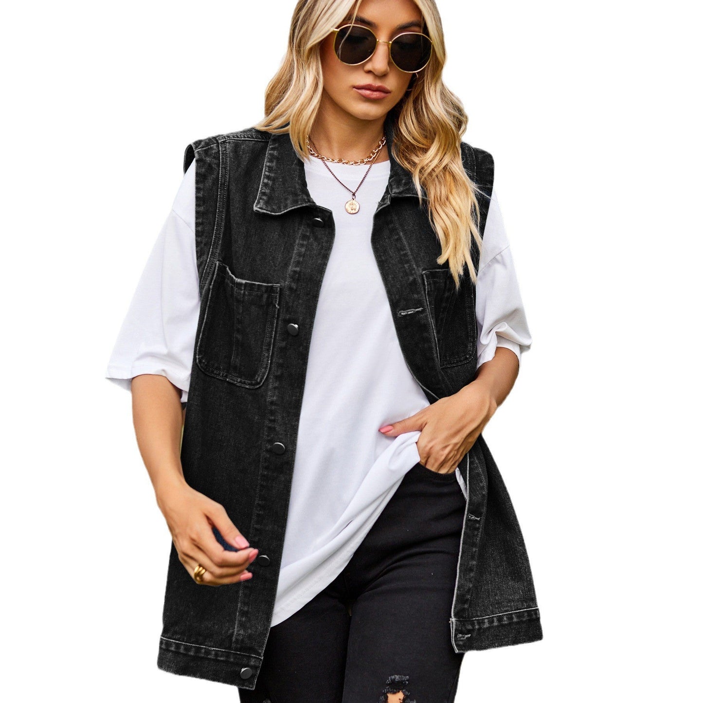 Brelyra Button-Up Denim Vest with Pockets