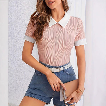 Brisella Contrast Lapel Short Sleeve Top with Slim Fit