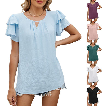 Fayorae V-Neck Hollow Chiffon Blouse with Double-Layer Sleeves