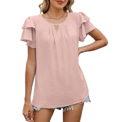 Fayorae V-Neck Hollow Chiffon Blouse with Double-Layer Sleeves