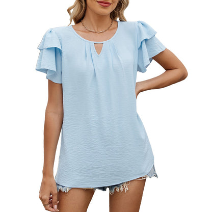 Fayorae V-Neck Hollow Chiffon Blouse with Double-Layer Sleeves