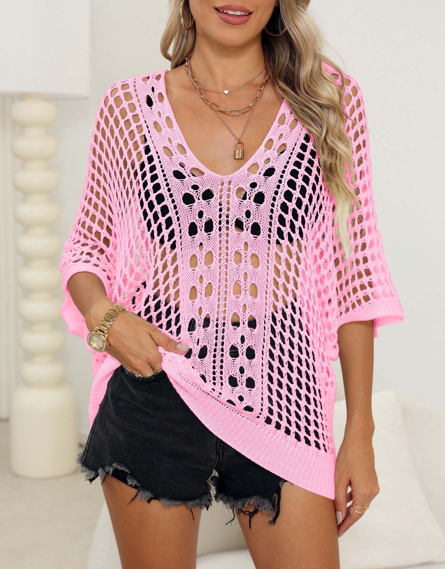 Florelle Loose Fit Cutout Batwing Blouse Cover-up