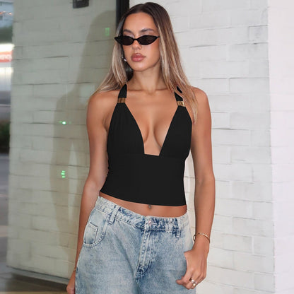 Malira Deep V Halter Backless Tube Top with Metal Detail