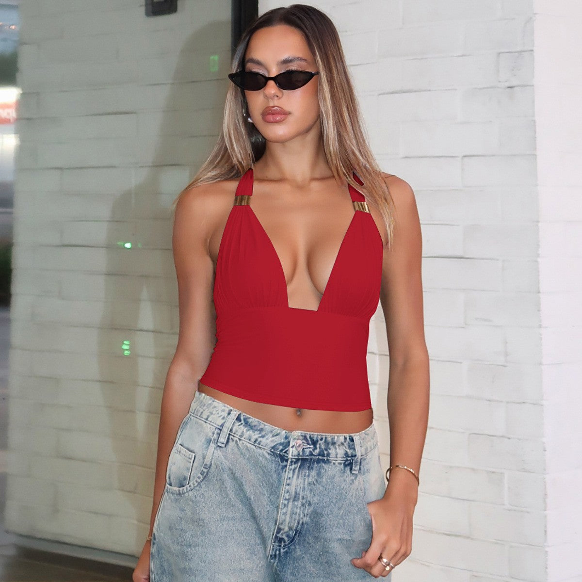Malira Deep V Halter Backless Tube Top with Metal Detail