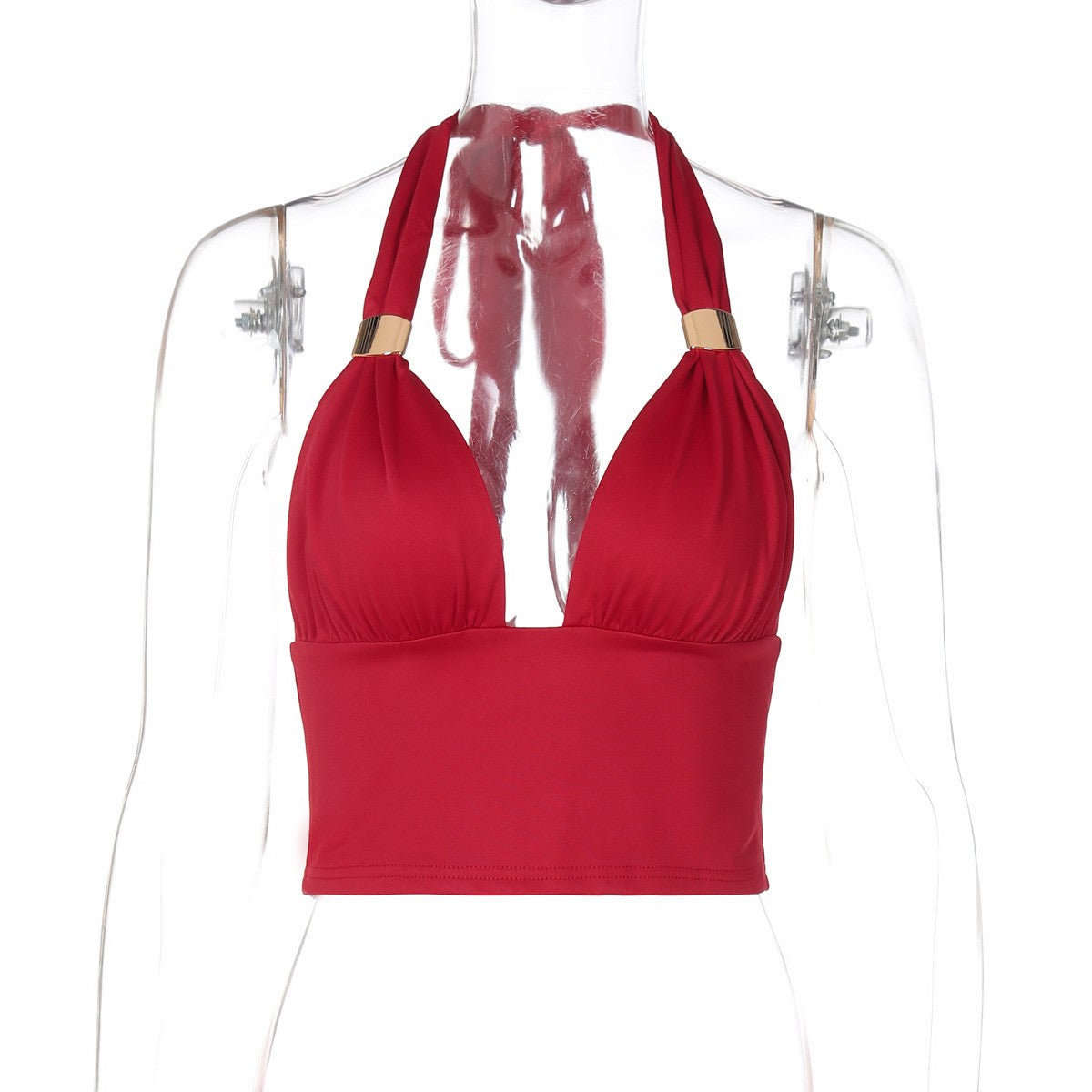 Malira Deep V Halter Backless Tube Top with Metal Detail