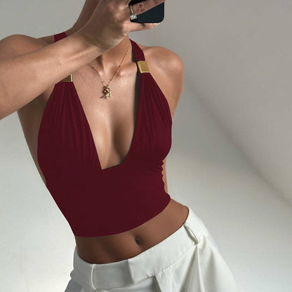 Malira Deep V Halter Backless Tube Top with Metal Detail