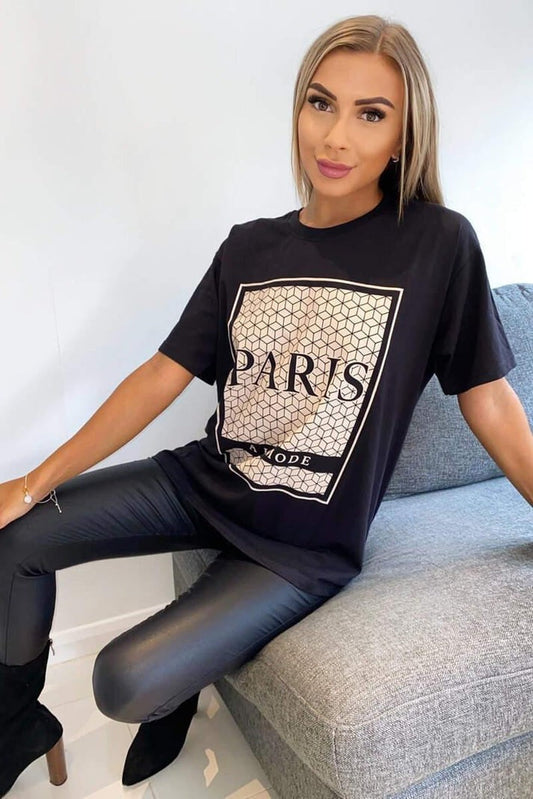Nivellea Oversized Paris Print T-Shirt with Short Sleeves
