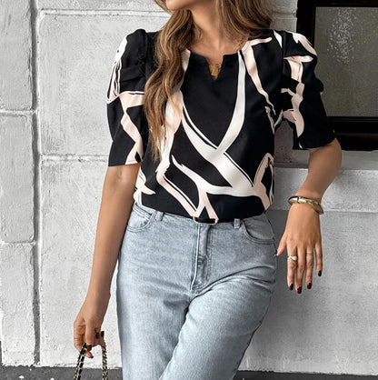 Olyara Printed Lantern Sleeve Woven Short Sleeve Blouse