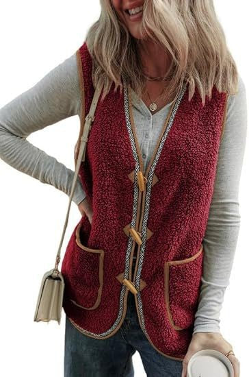 Presira Plush Contrast Color Sleeveless Cardigan Vest with Pockets