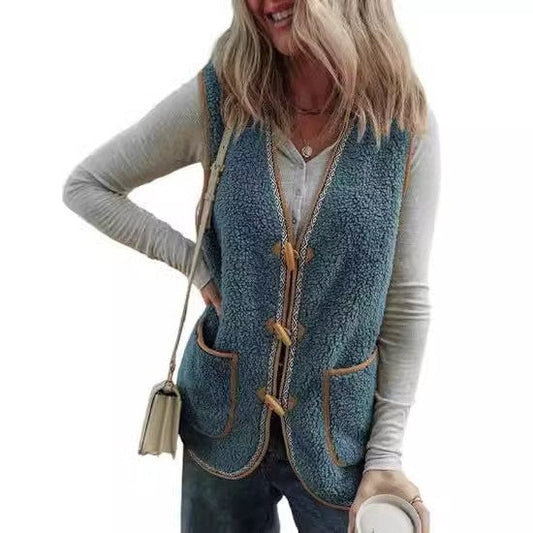 Presira Plush Contrast Color Sleeveless Cardigan Vest with Pockets