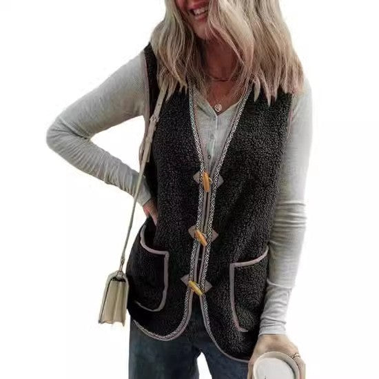 Presira Plush Contrast Color Sleeveless Cardigan Vest with Pockets