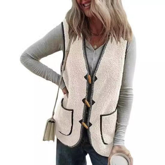 Presira Plush Contrast Color Sleeveless Cardigan Vest with Pockets