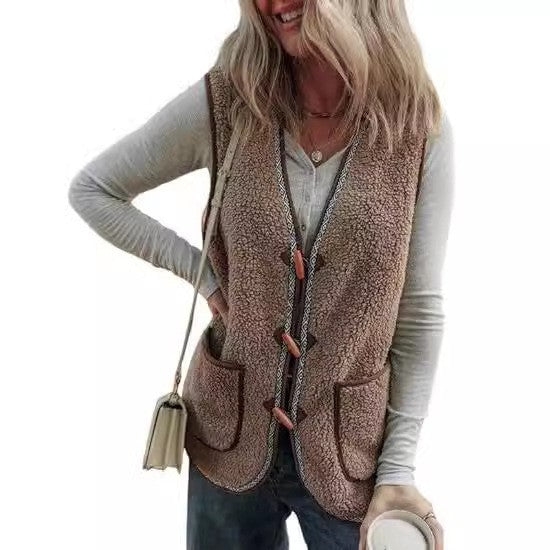 Presira Plush Contrast Color Sleeveless Cardigan Vest with Pockets