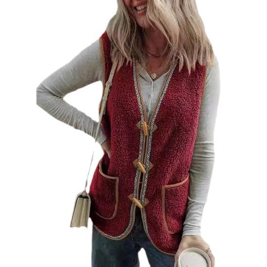 Presira Plush Contrast Color Sleeveless Cardigan Vest with Pockets