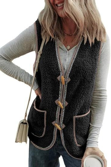 Presira Plush Contrast Color Sleeveless Cardigan Vest with Pockets
