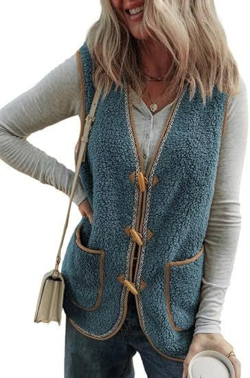 Presira Plush Contrast Color Sleeveless Cardigan Vest with Pockets