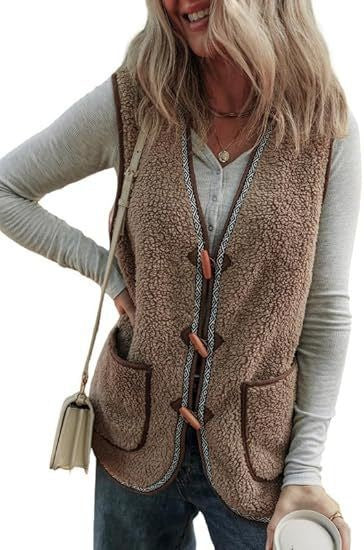 Presira Plush Contrast Color Sleeveless Cardigan Vest with Pockets